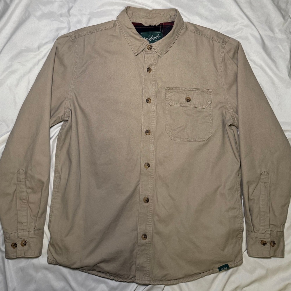 Woolrich Green Label Flannel Lined Shirt Jacket Mens M Tan Plaid Workwear